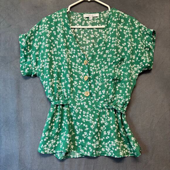 Sweet Rain Green Floral Button Blouse Romantic Peplum Waist Tie Cottagecore - Picture 1 of 12